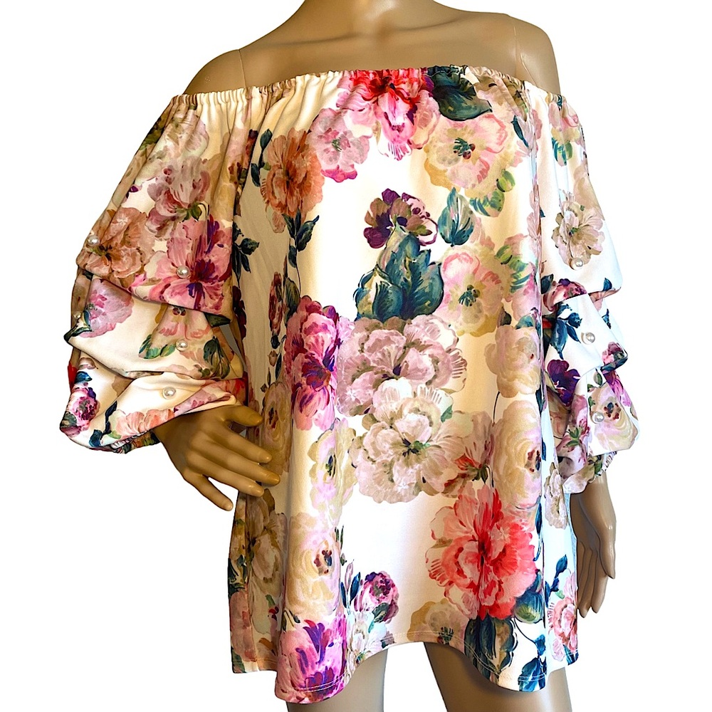 S. LEVINE  | FLORAL PEARL STUDDED RUFFLE SLEEVE OFF SHOULDER TOP  SZ L